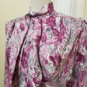 Vintage Tie Neck Blouse / Pink, Gray & White / Estimates Large